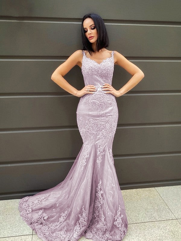 Trumpet/Mermaid Sleeveless Sweep/Brush Train Applique Tulle V-neck Dresses Prom Evening Dress