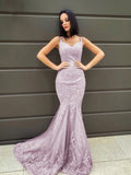 Trumpet/Mermaid Sleeveless Sweep/Brush Train Applique Tulle V-neck Dresses Prom Evening Dress
