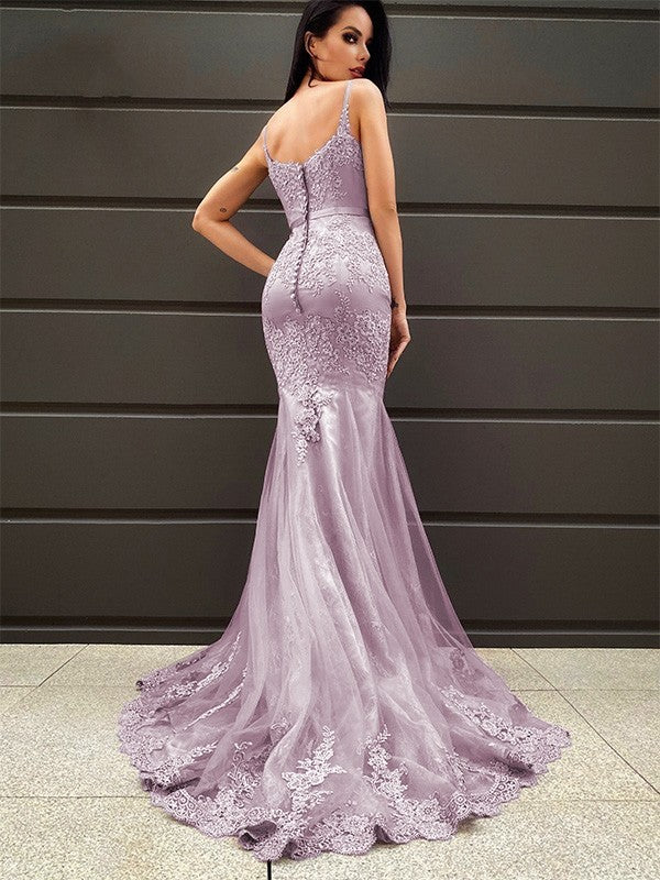 Trumpet/Mermaid Sleeveless Sweep/Brush Train Applique Tulle V-neck Dresses Prom Evening Dress