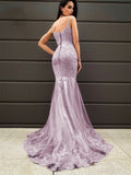 Trumpet/Mermaid Sleeveless Sweep/Brush Train Applique Tulle V-neck Dresses Prom Evening Dress