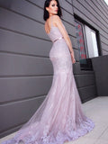 Trumpet/Mermaid Sleeveless Sweep/Brush Train Applique Tulle V-neck Dresses Prom Evening Dress