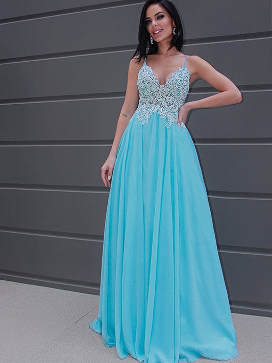 Vestido de noche de graduación con apliques de gasa, sin mangas, escote en V y cola larga