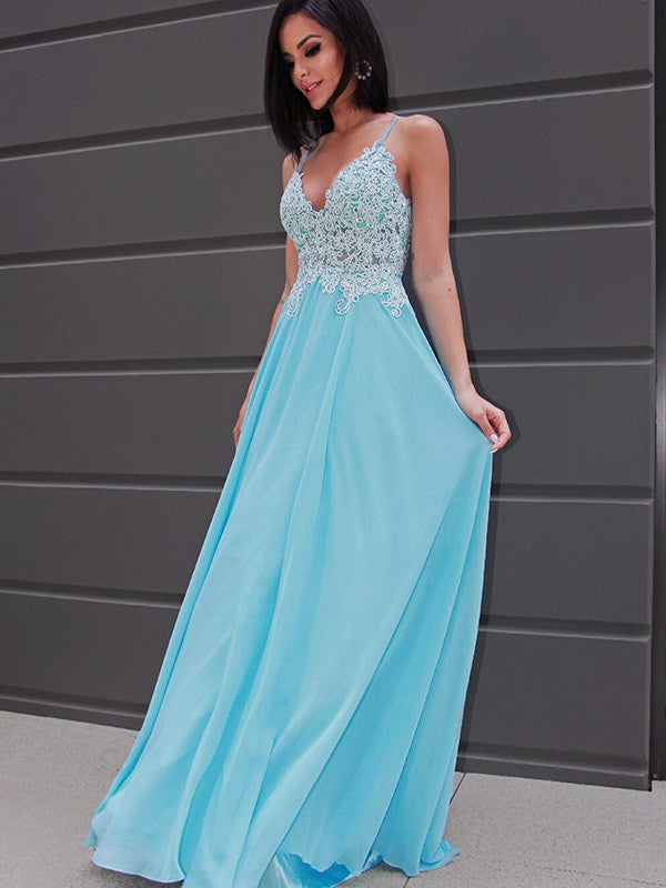 Vestido de noche de graduación con apliques de gasa, sin mangas, escote en V y cola larga