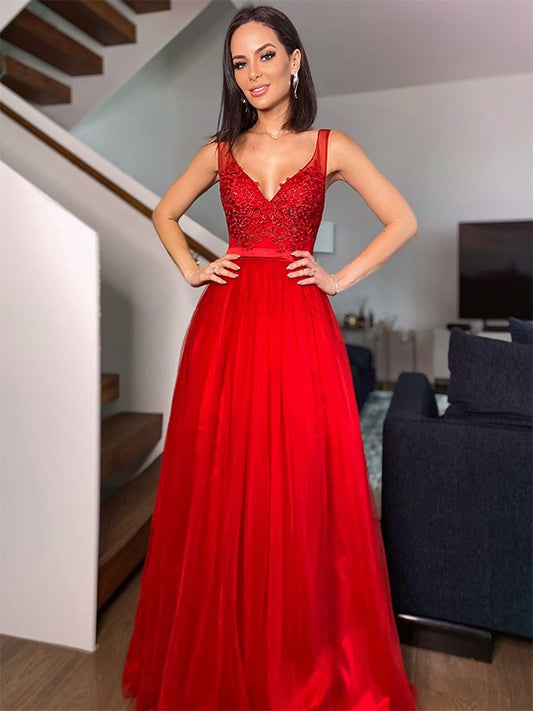 Vestido de noche de fiesta de tul sin mangas con escote en V y apliques de corte A/princesa hasta el suelo