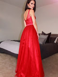 Vestido de noche de fiesta de tul sin mangas con escote en V y apliques de corte A/princesa hasta el suelo