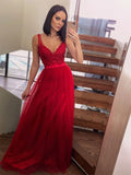 Vestido de noche de fiesta de tul sin mangas con escote en V y apliques de corte A/princesa hasta el suelo