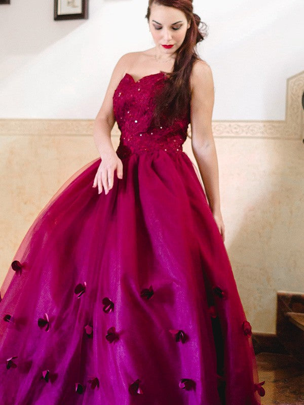Ballkleid Applikationen Herzausschnitt Tüll Ärmellos Bodenlang Kleider Abschlussball Abendkleid Ballkleider