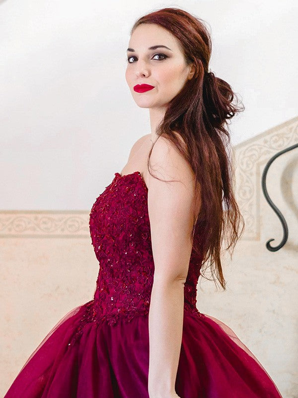 Ballkleid Applikationen Herzausschnitt Tüll Ärmellos Bodenlang Kleider Abschlussball Abendkleid Ballkleider