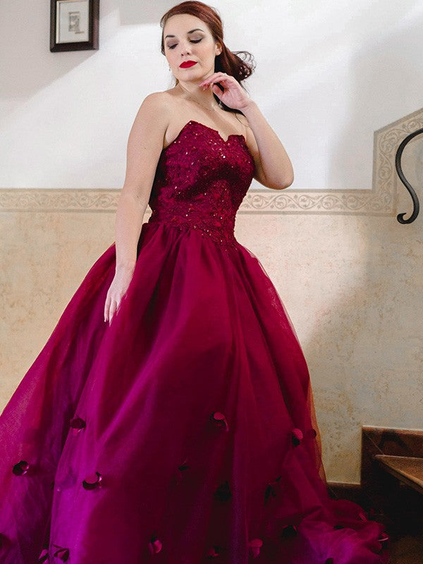 Ballkleid Applikationen Herzausschnitt Tüll Ärmellos Bodenlang Kleider Abschlussball Abendkleid Ballkleider