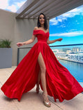 A-Line/Princess Sleeveless Off-the-Shoulder Satin Ruffles Floor-Length Dresses Prom Evening Dress
