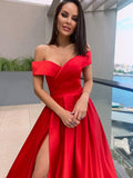 A-Line/Princess Sleeveless Off-the-Shoulder Satin Ruffles Floor-Length Dresses Prom Evening Dress