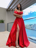 A-Line/Princess Sleeveless Off-the-Shoulder Satin Ruffles Floor-Length Dresses Prom Evening Dress