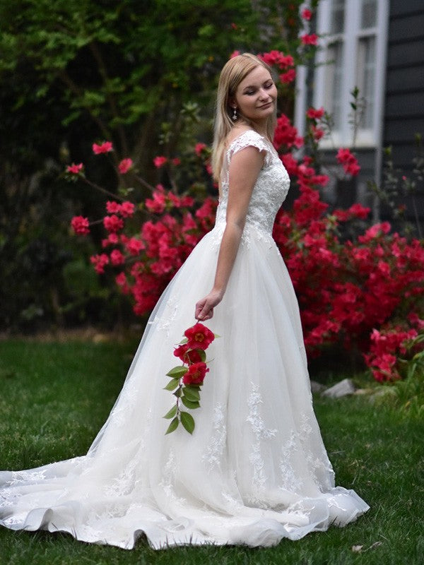 Vestidos de novia de corte A/princesa, tul, escote en V, sin mangas, apliques, cola de corte