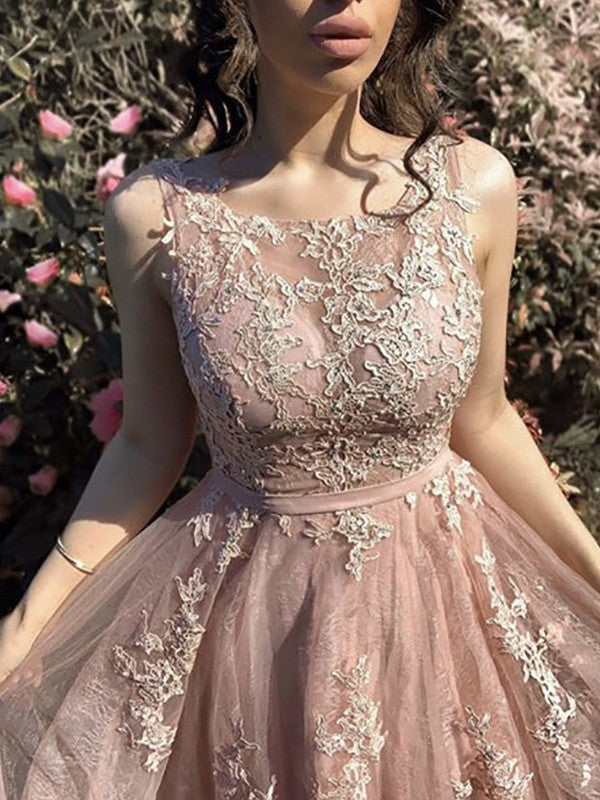 Vestido de noche de fiesta con corte A/princesa, de tul, con apliques, escote redondo, sin mangas y cola larga
