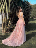 Vestido de noche de fiesta con corte A/princesa, de tul, con apliques, escote redondo, sin mangas y cola larga