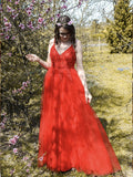 Vestido de noche de fiesta de corte A/princesa con tirantes finos de tul y apliques sin mangas hasta el suelo
