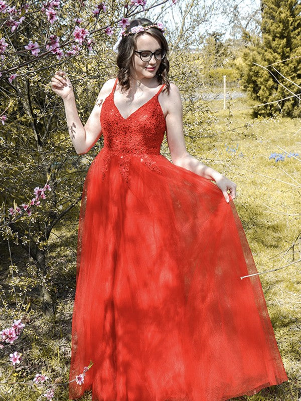 Vestido de noche de fiesta de corte A/princesa con tirantes finos de tul y apliques sin mangas hasta el suelo