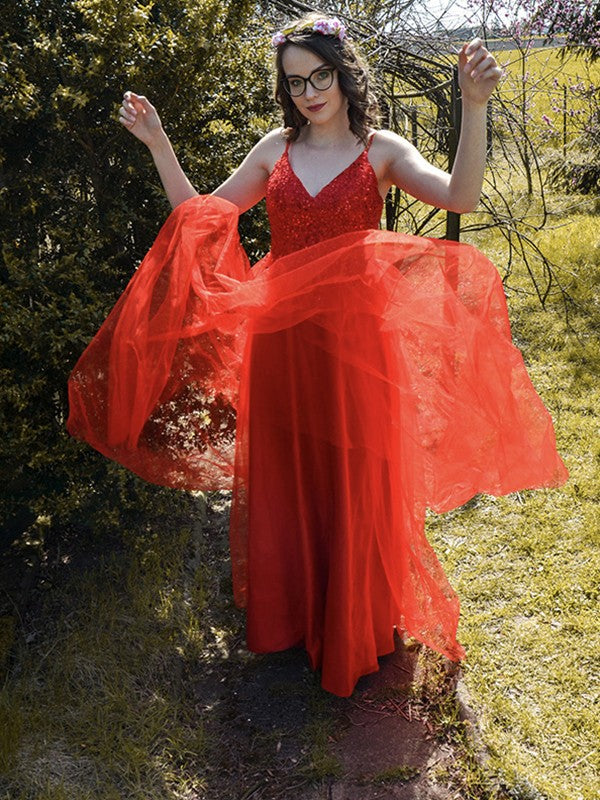 Vestido de noche de fiesta de corte A/princesa con tirantes finos de tul y apliques sin mangas hasta el suelo