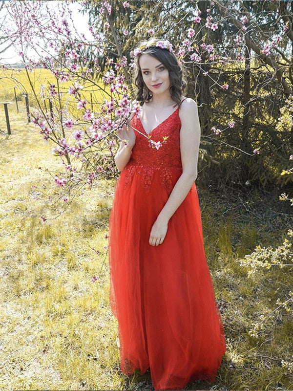 Vestido de noche de fiesta de corte A/princesa con tirantes finos de tul y apliques sin mangas hasta el suelo