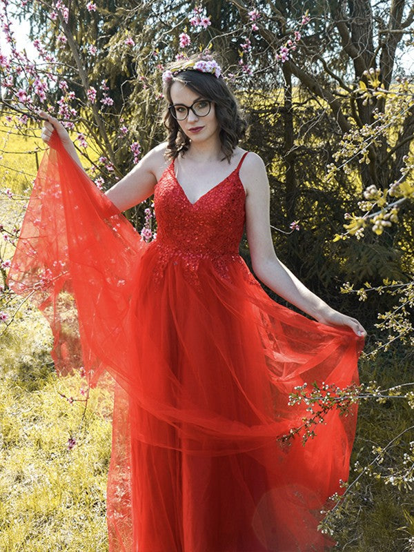 Vestido de noche de fiesta de corte A/princesa con tirantes finos de tul y apliques sin mangas hasta el suelo