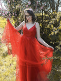 Vestido de noche de fiesta de corte A/princesa con tirantes finos de tul y apliques sin mangas hasta el suelo