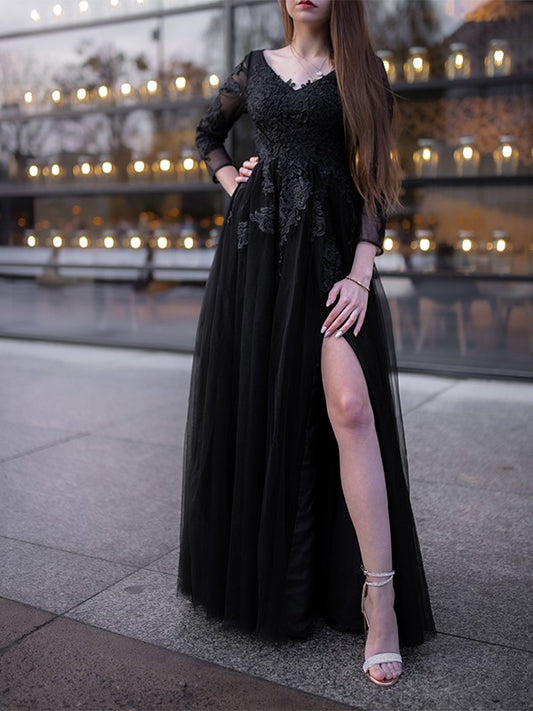 Ball Gown Tulle Long Sleeves Applique Off-the-Shoulder Floor-Length Dresses Prom Evening Dress