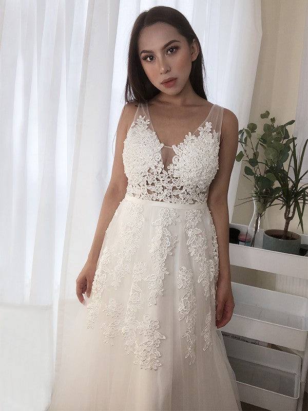 Vestidos de novia de corte A/princesa, sin mangas, de tul, hasta el suelo, con escote en V