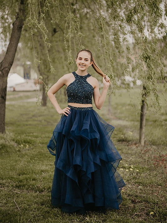 Vestido de fiesta de noche, corte A/princesa, sin mangas, largo hasta el suelo, de tul, estilo halter, de dos piezas