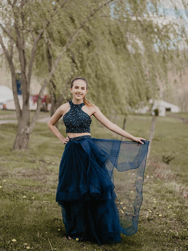 Vestido de fiesta de noche, corte A/princesa, sin mangas, largo hasta el suelo, de tul, estilo halter, de dos piezas