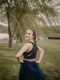 Vestido de fiesta de noche, corte A/princesa, sin mangas, largo hasta el suelo, de tul, estilo halter, de dos piezas