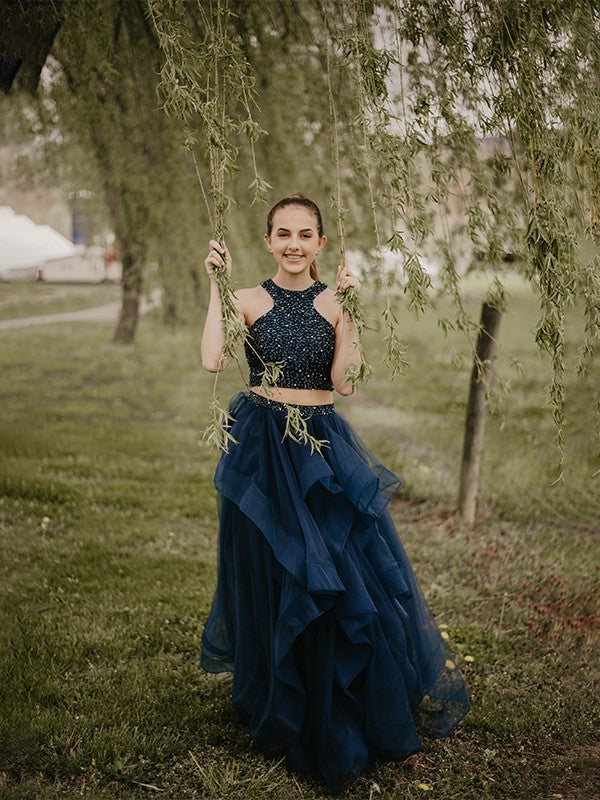 Vestido de fiesta de noche, corte A/princesa, sin mangas, largo hasta el suelo, de tul, estilo halter, de dos piezas