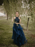 Vestido de fiesta de noche, corte A/princesa, sin mangas, largo hasta el suelo, de tul, estilo halter, de dos piezas