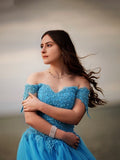 Vestido de fiesta con hombros descubiertos, encaje, tul, sin mangas, largo hasta el suelo, vestido de noche para graduación