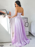 Vestido de noche de graduación con corte A/princesa, escote halter, satén imitación seda, sin mangas y fruncido