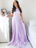Vestido de noche de graduación con corte A/princesa, escote halter, satén imitación seda, sin mangas y fruncido