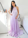 Vestido de noche de graduación con corte A/princesa, escote halter, satén imitación seda, sin mangas y fruncido
