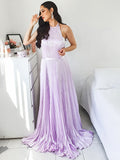 Vestido de noche de graduación con corte A/princesa, escote halter, satén imitación seda, sin mangas y fruncido