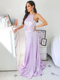 Vestido de noche de graduación con corte A/princesa, escote halter, satén imitación seda, sin mangas y fruncido