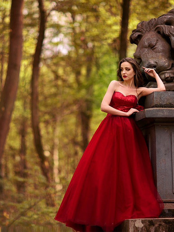 Ballkleid Perlenbesetzt Tüll Herzausschnitt Ärmellos Bodenlang Kleider Ballkleid Abendkleid
