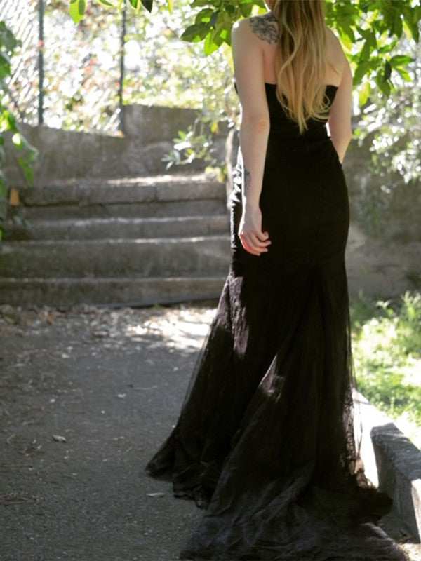 Vestido de noche de fiesta con escote corazón, volantes, encaje, sin mangas y cola larga