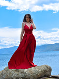 Vestido de noche de graduación sin mangas, corte A/princesa, satén, volantes, escote en V, largo hasta el suelo