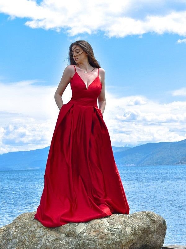 Vestido de noche de graduación sin mangas, corte A/princesa, satén, volantes, escote en V, largo hasta el suelo