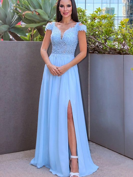 A-Line/Princess Floor-Length Off-the-Shoulder Sleeveless Chiffon Applique Dresses Prom Evening Dress