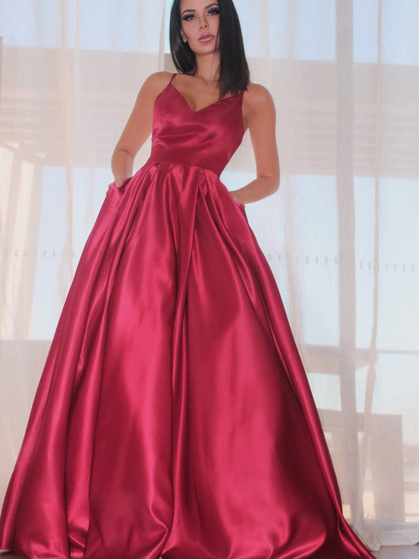 Vestido de noche de graduación de satén con escote en V, sin mangas, corte A/princesa y volantes