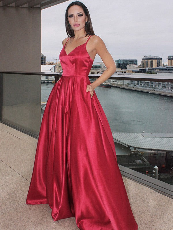 Vestido de noche de graduación de satén con escote en V, sin mangas, corte A/princesa y volantes
