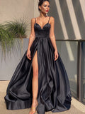 A-Line/Princess Satin Sleeveless Ruffles Straps Sweep/Brush Train Dresses Prom Evening Dress