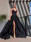 A-Line/Princess Satin Sleeveless Ruffles Straps Sweep/Brush Train Dresses Prom Evening Dress
