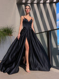 A-Line/Princess Satin Sleeveless Ruffles Straps Sweep/Brush Train Dresses Prom Evening Dress
