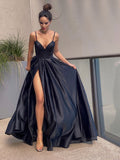 A-Line/Princess Satin Sleeveless Ruffles Straps Sweep/Brush Train Dresses Prom Evening Dress