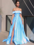 Vestido de noche de graduación de satén con volantes, hombros descubiertos, sin mangas y cola larga.